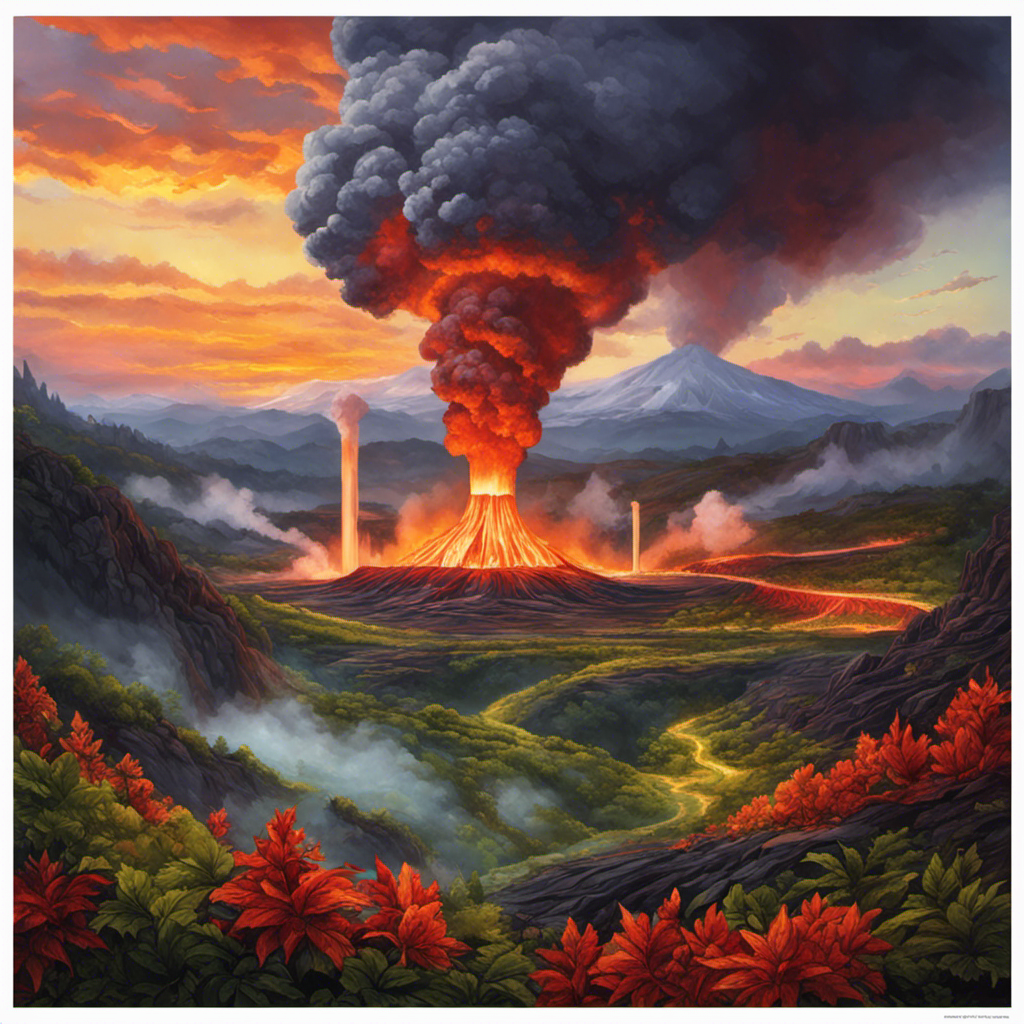 An image showcasing a landscape with a towering geothermal power plant emitting billowing steam, surrounded by lush vegetation, while deep underground, red-hot molten lava flows beneath the surface