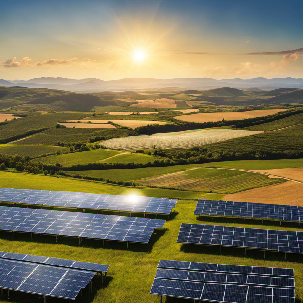 An image depicting a vast, sun-drenched landscape with a shimmering solar panel farm stretching to the horizon