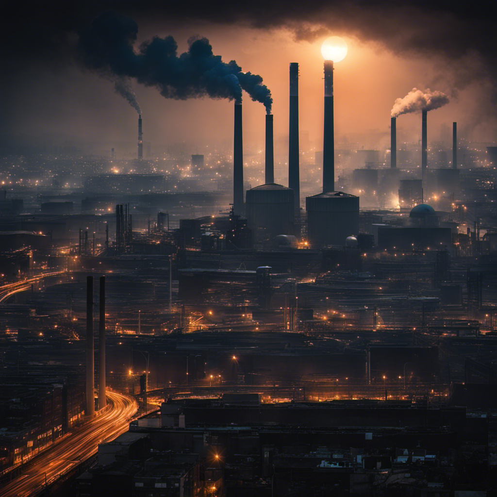 An image showcasing a dark, smog-filled cityscape with a coal power plant emitting thick black smoke, contrasting against a small solar panel with a dim light, representing a counterclaim against the use of solar energy