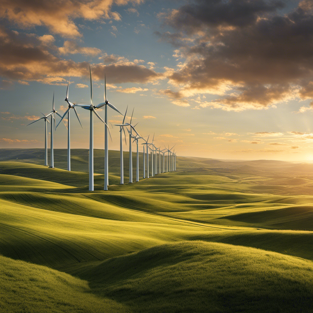 An image capturing a vast expanse of a wind farm nestled amidst rolling hills, with towering wind turbines harnessing the power of the wind, symbolizing the non-solar source of energy