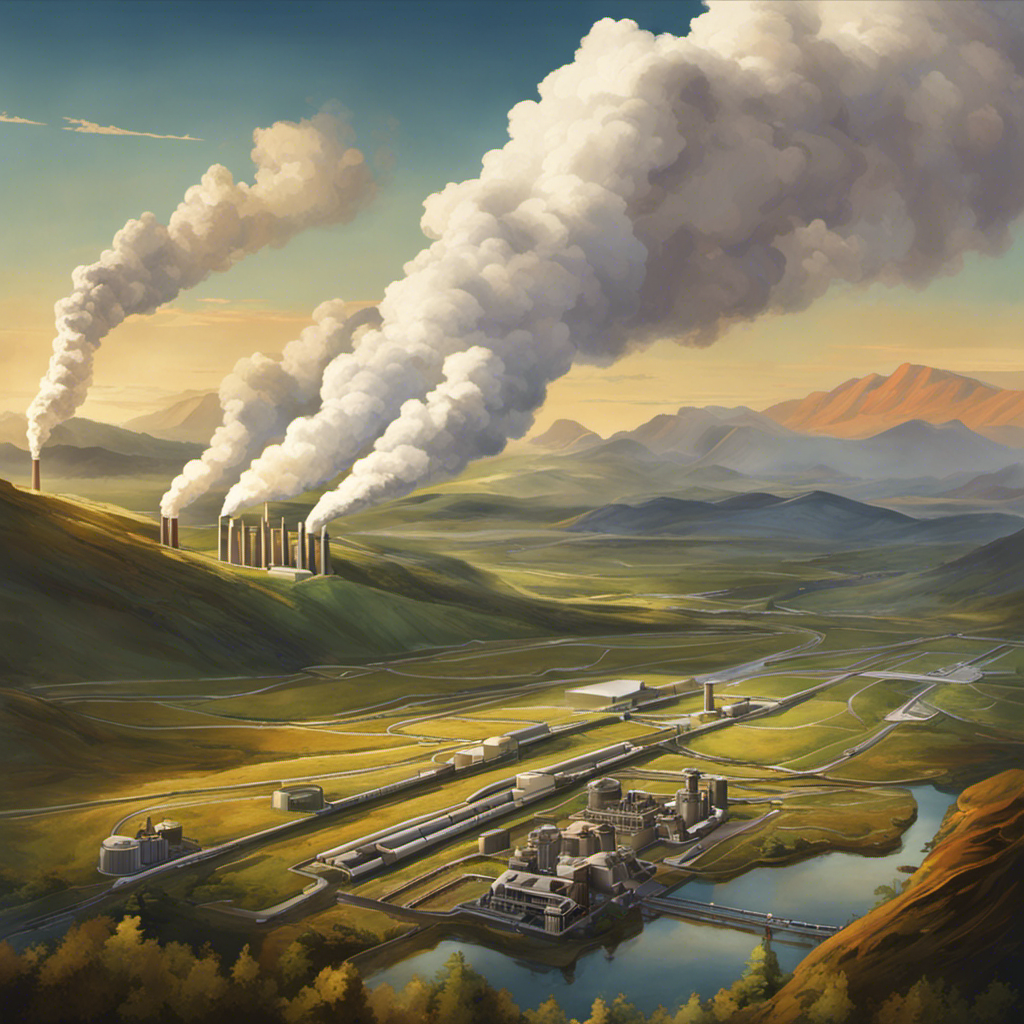 An image depicting a vast landscape with steam billowing from the Earth's surface, revealing numerous geothermal power plants nestled within