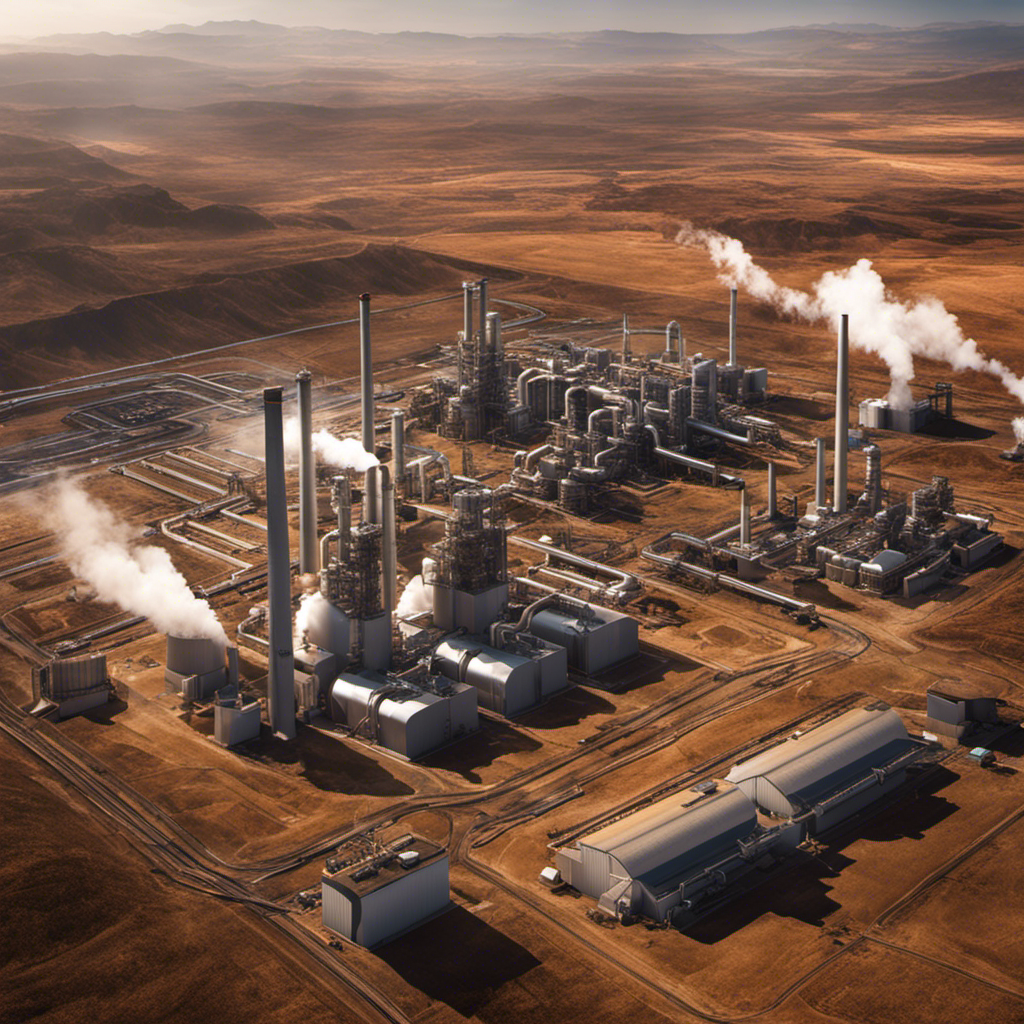 Create an image showcasing a vast, arid landscape with towering geothermal power plants emitting steam from their turbines, surrounded by a network of pipes and heat exchangers, illustrating the potential of geothermal energy in a state