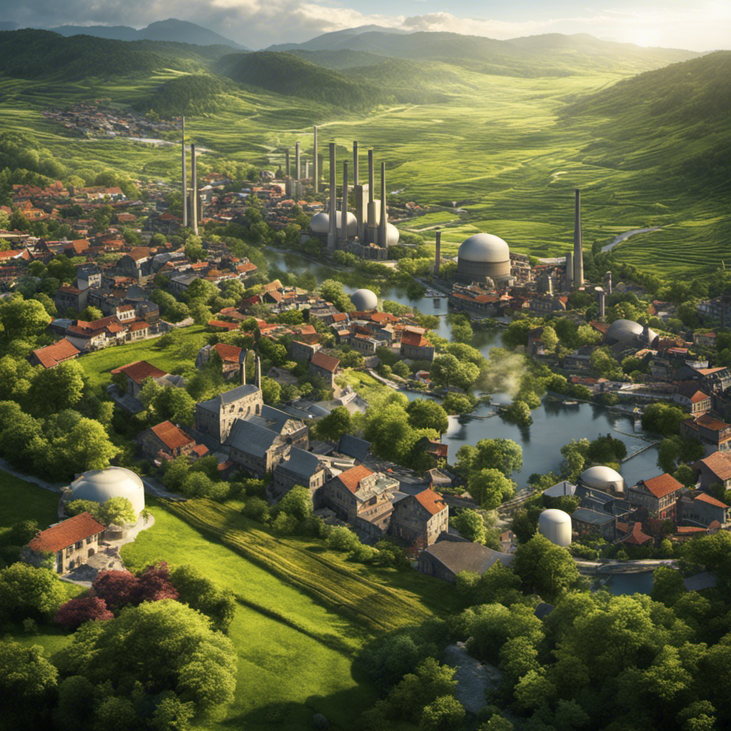 An image showcasing the contrast between a bustling city powered by non-renewable energy sources and a serene countryside utilizing geothermal energy, emphasizing the environmental impact and highlighting geothermal's major disadvantage