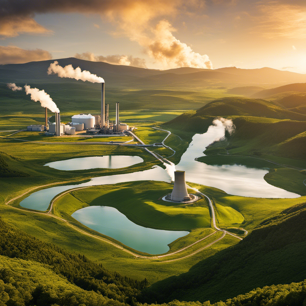 An image showcasing a serene landscape with a geothermal power plant in the foreground, emitting clean energy