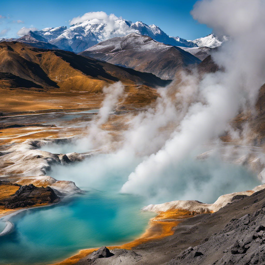 An image showcasing a vast landscape of geothermal hot springs, with steam rising from the earth's surface, set against a backdrop of towering mountains