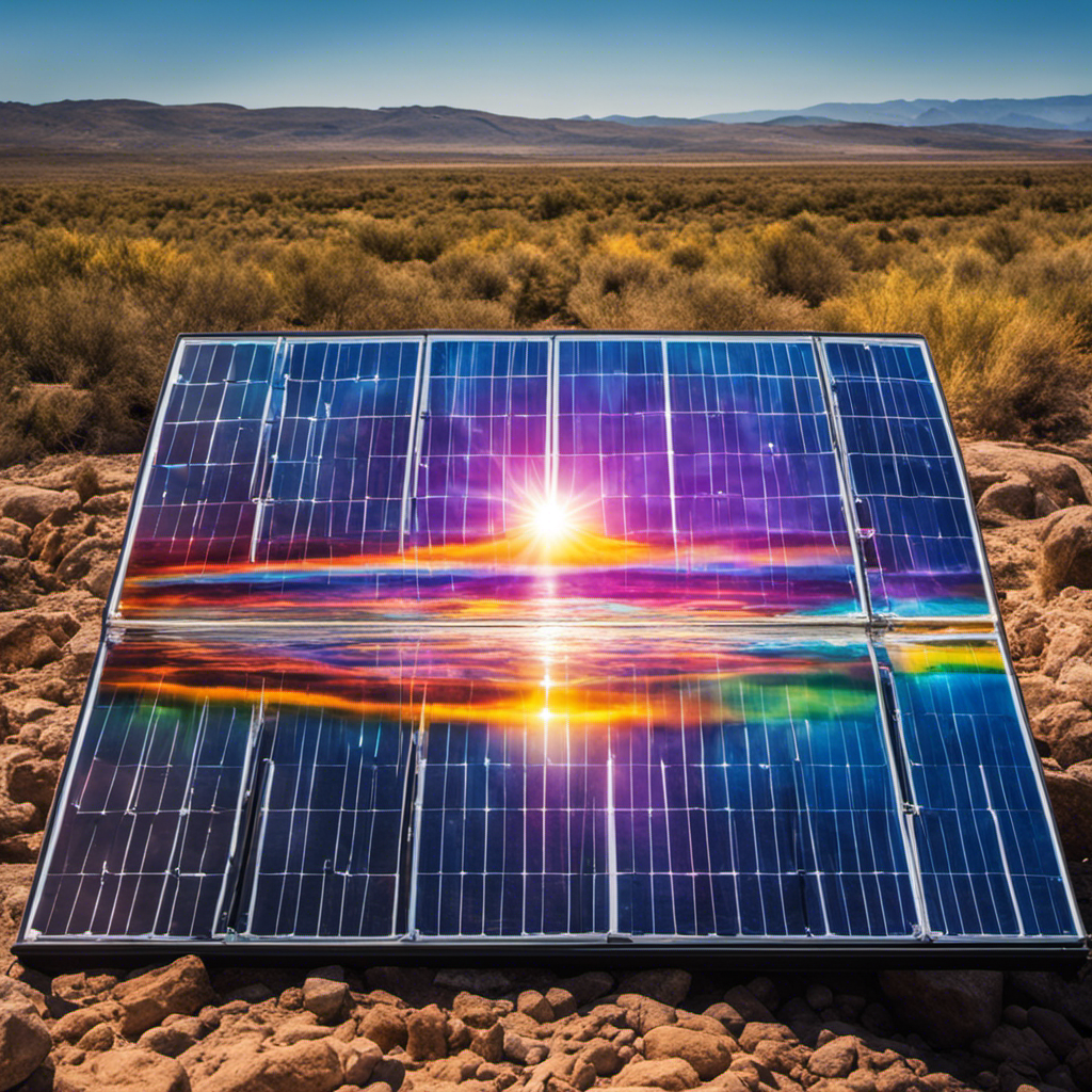 An image depicting a vibrant solar panel covered in a layer of crystal-clear water, with sunlight passing through it and dispersing into a spectrum of colors, showcasing the effectiveness of water as a solar energy transmitter
