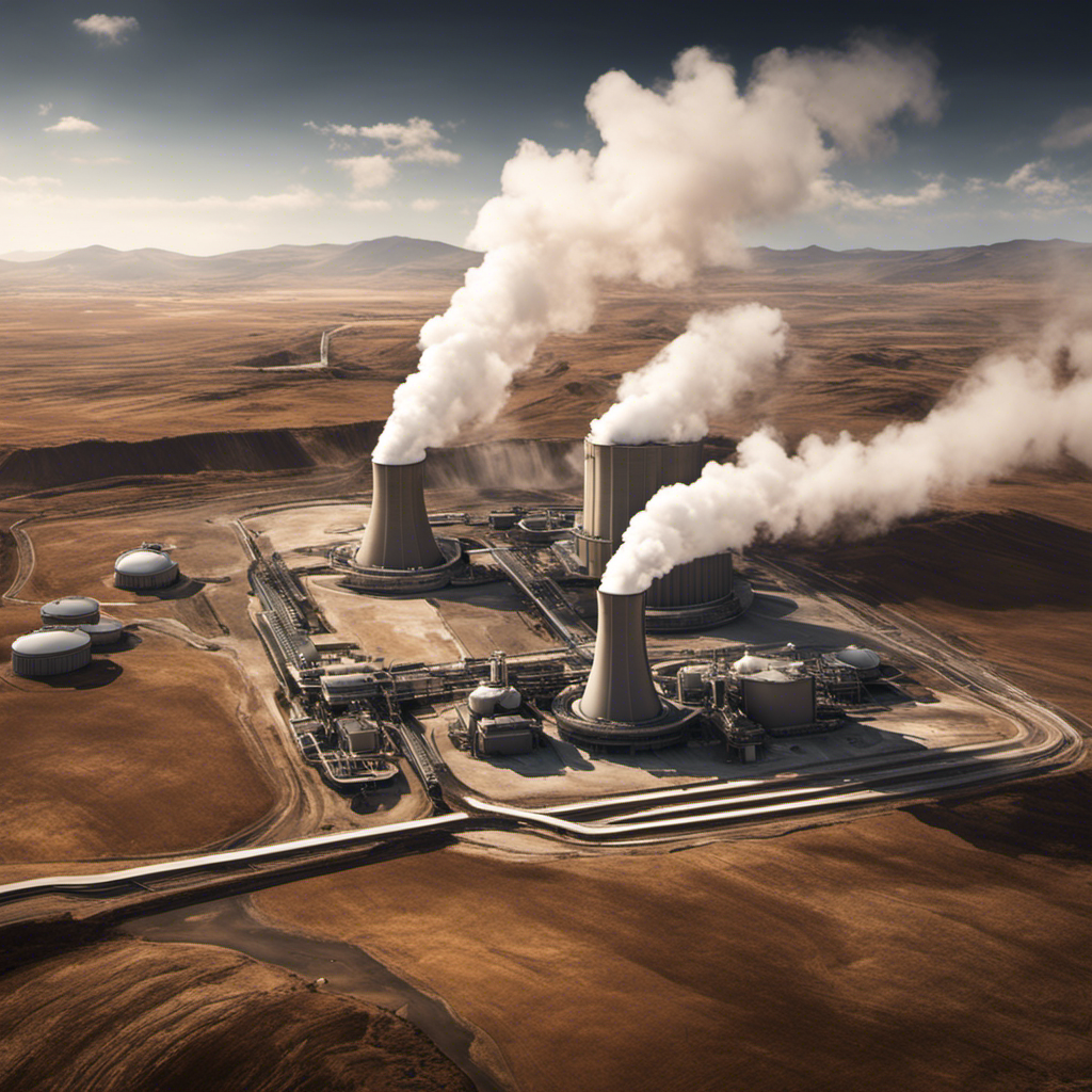 An image depicting a vast geothermal power plant surrounded by barren landscapes, highlighting the ecological disruption caused by geothermal energy extraction