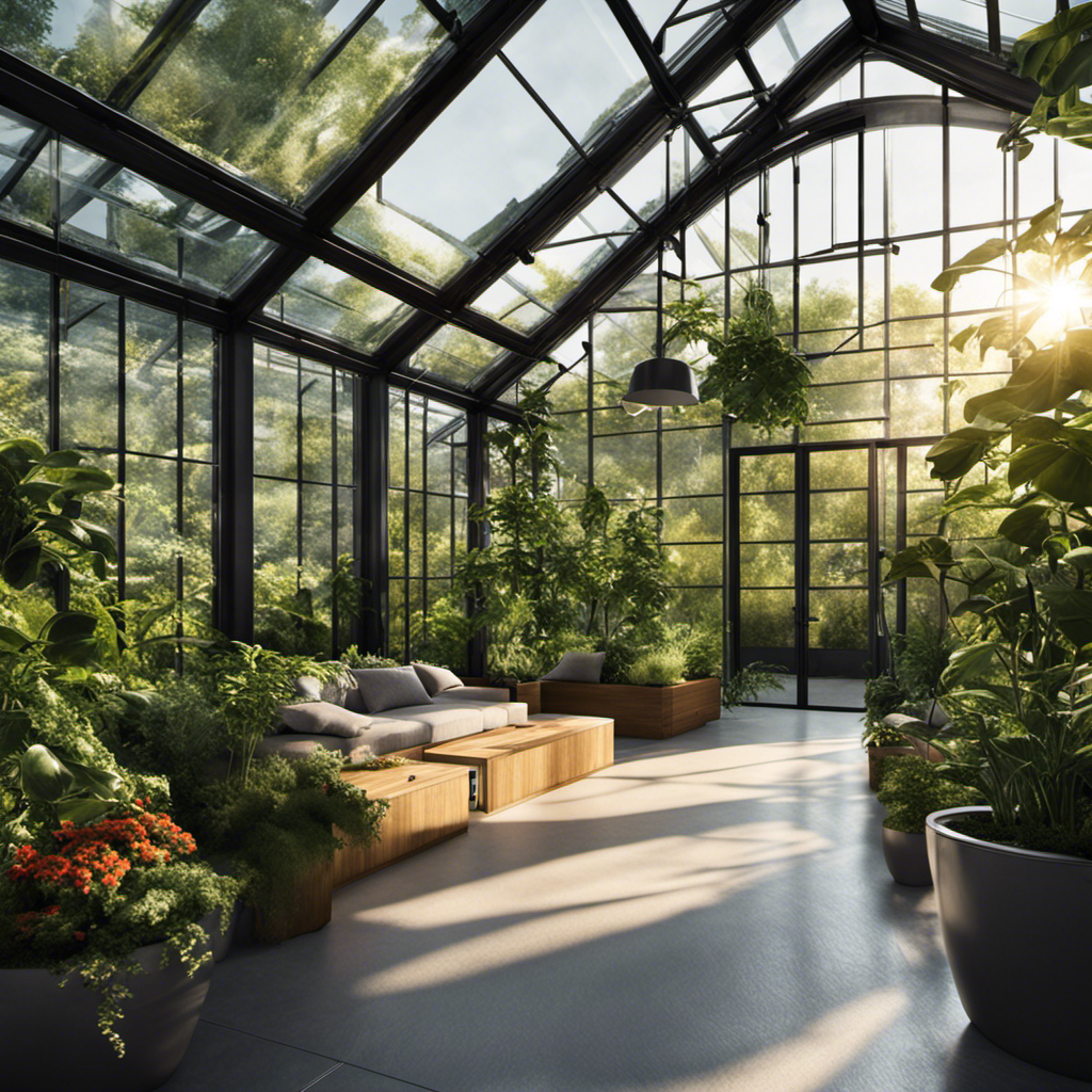 An image showcasing a sleek, modern greenhouse with large, transparent glass panels
