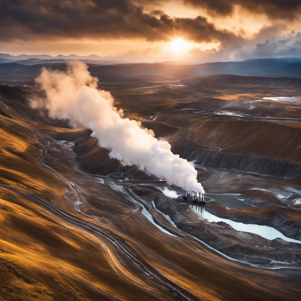 An image showcasing a vast, rugged landscape with steam rising from numerous geothermal power plants, highlighting the geothermal energy production of a particular US state