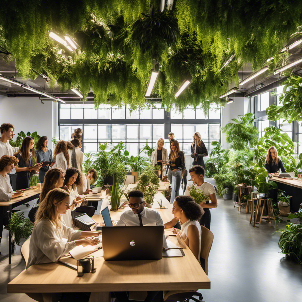 An image showcasing a diverse group of passionate individuals, wearing sustainable fashion, brainstorming innovative green technology solutions in a modern, sunlit co-working space, surrounded by lush plant walls and equipped with state-of-the-art sustainable gadgets