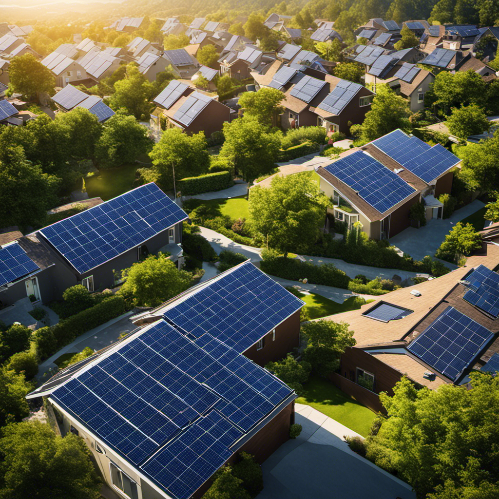 An image showcasing a sunlit suburban neighborhood with solar panels on every rooftop, surrounded by lush greenery, highlighting the benefits of solar energy for homeowners and the environment