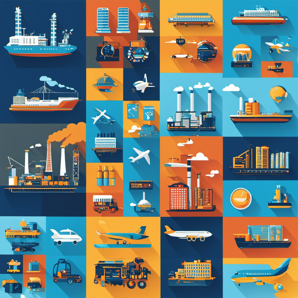 An image showcasing a diverse range of industries, such as transportation, manufacturing, and energy, with icons representing airplanes, cars, power plants, and factories, all surrounded by a vibrant blue background symbolizing the potential customers of hydrogen