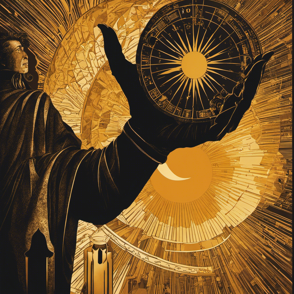 An image showcasing a silhouetted figure with an outstretched hand, holding a radiant sun in the palm, against a backdrop of historical timelines, symbolizing the birth of solar energy and its inventor