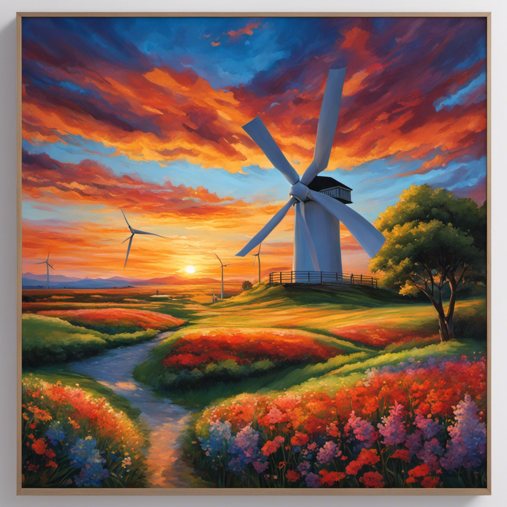 An image featuring a peaceful, picturesque landscape with a towering wind turbine gracefully spinning against a vibrant sunset sky, capturing the awe-inspiring invention and harnessing of wind energy through artful composition and colors