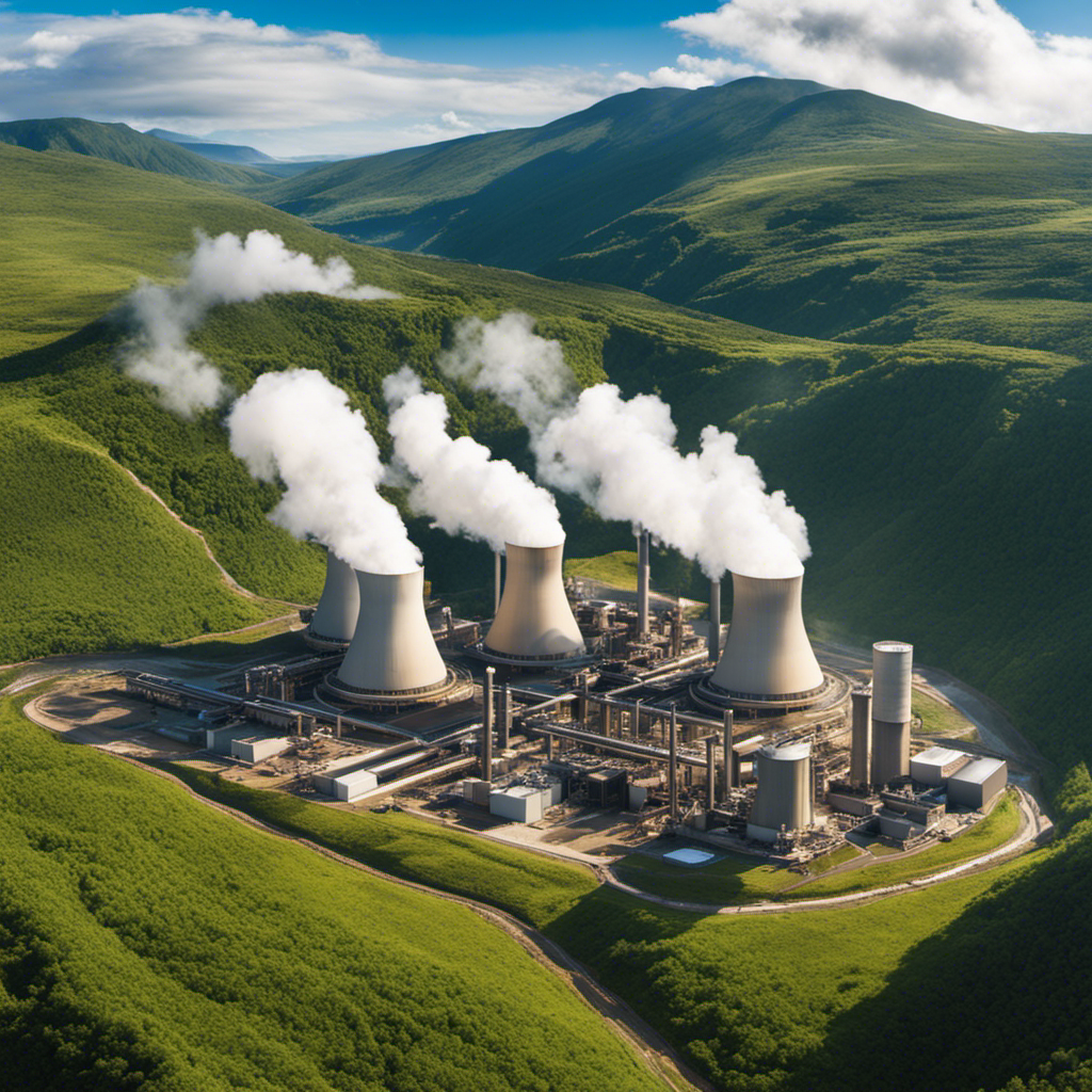 An image showcasing a vast geothermal power plant nestled in the tranquil surroundings of a geologically rich landscape