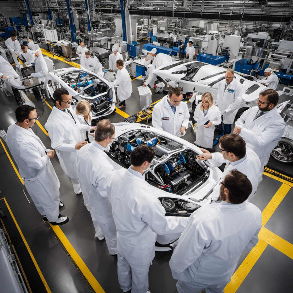 An image featuring a diverse team of engineers, clad in white lab coats, carefully assembling hydrogen fuel cell cars in a state-of-the-art manufacturing facility