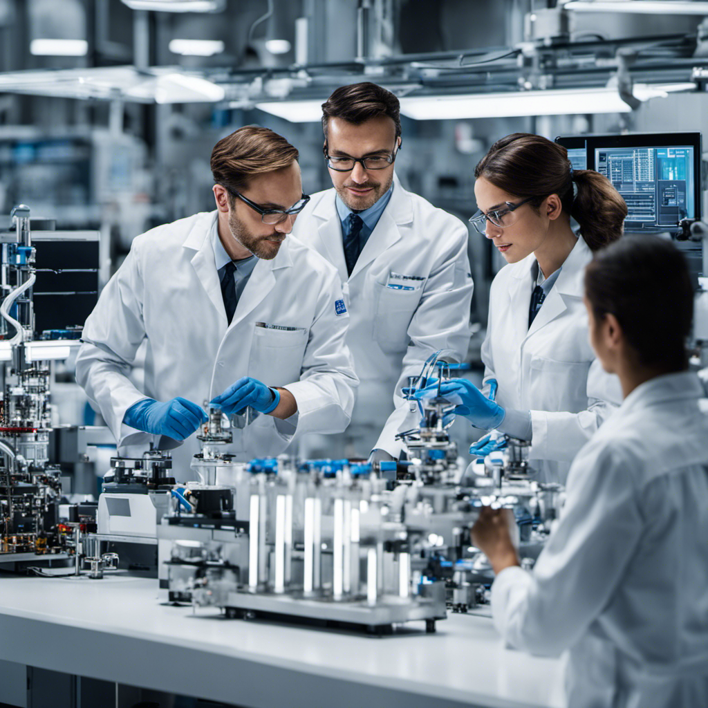 An image showcasing a diverse team of engineers and scientists, dressed in lab coats, collaborating in a high-tech laboratory filled with equipment and machinery, while working on the production of hydrogen fuel cells