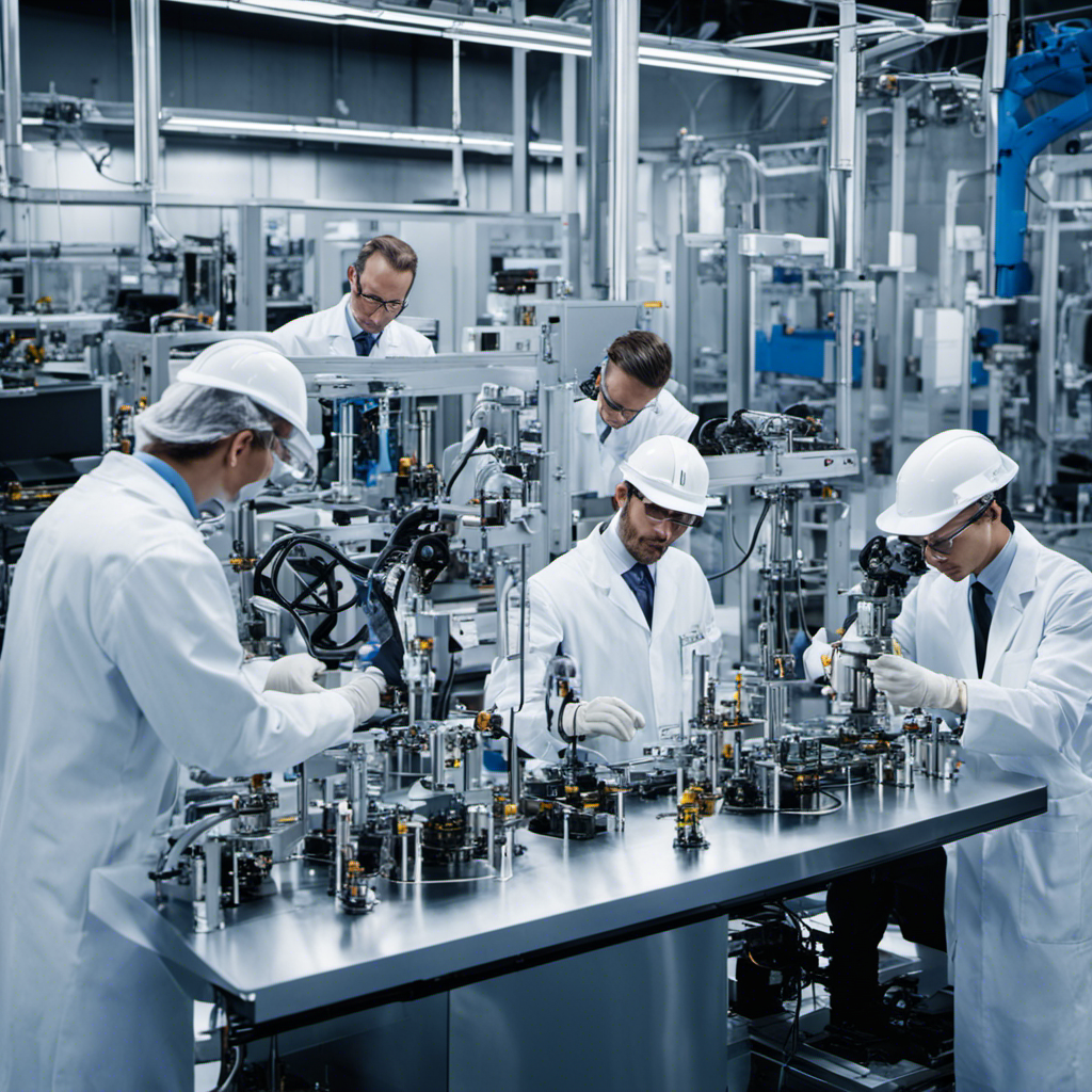 An image showcasing the intricate teamwork involved in producing hydrogen fuel cells, with engineers in white lab coats conducting experiments, technicians assembling components, and robotic arms delicately placing materials, all against a backdrop of advanced machinery