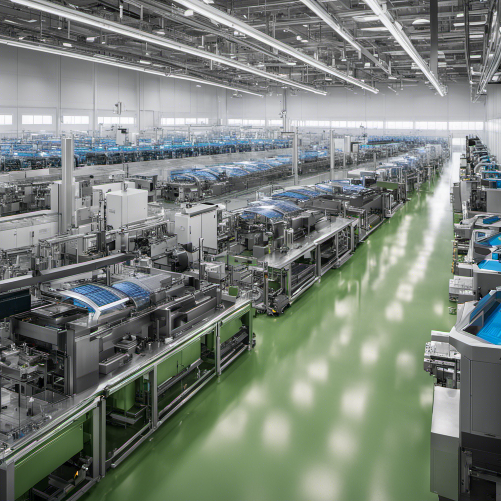 An image featuring a sprawling, state-of-the-art silicon wafer manufacturing facility; rows of gleaming machines, robotic arms, and conveyor belts, all humming with precision, producing silicon wafers destined for solar energy