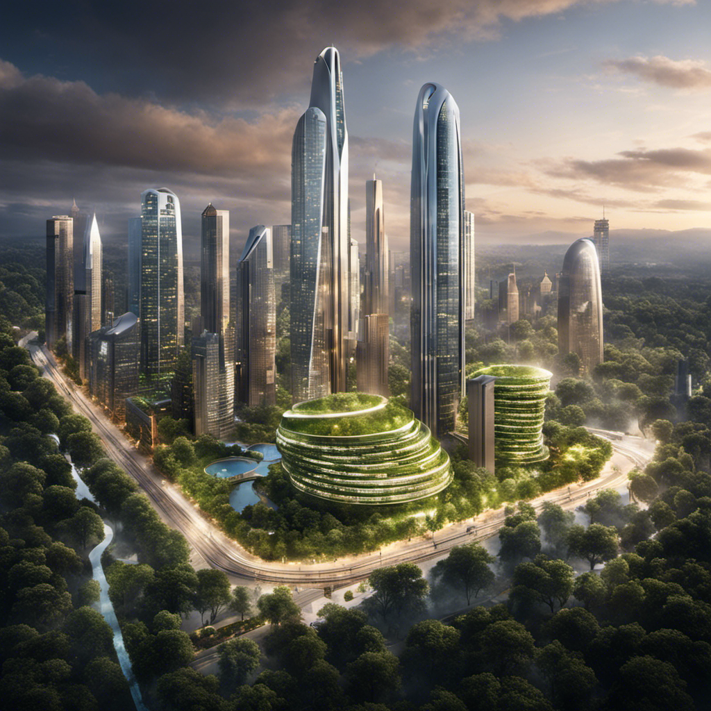 An image showcasing a modern, eco-friendly cityscape with skyscrapers powered by geothermal energy