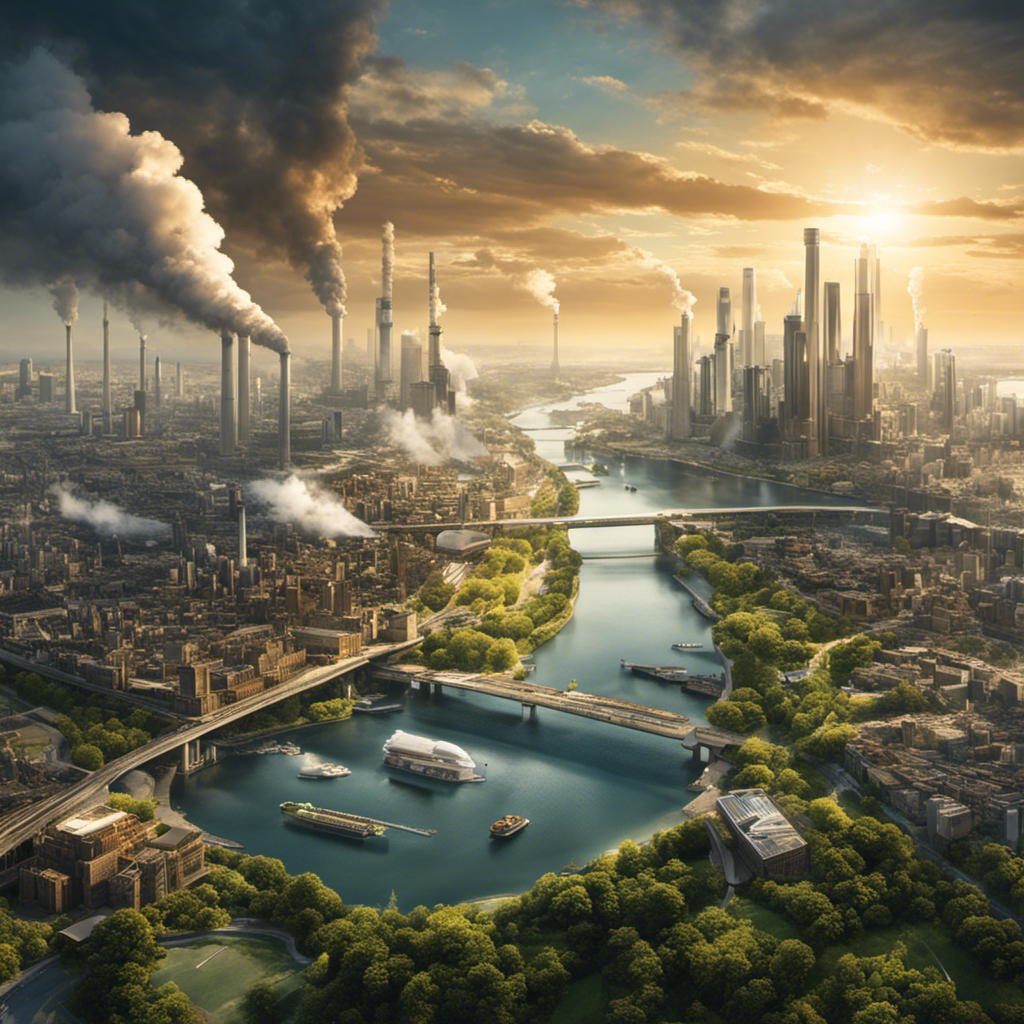 An image showcasing two contrasting scenes side by side - one depicting a bustling city powered by fossil fuels emitting pollution, while the other portrays a serene and sustainable city powered solely by solar energy, highlighting the need for transitioning to renewable energy sources