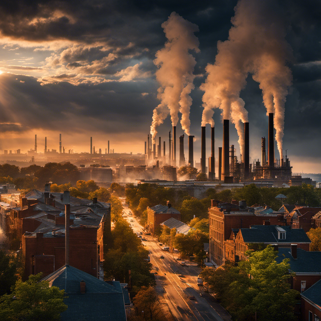 An image showcasing a bustling cityscape with numerous smokestacks belching dark smoke into the sky, contrasting against a solitary solar panel surrounded by untouched nature, emphasizing the disparity between fossil fuel consumption and solar energy utilization