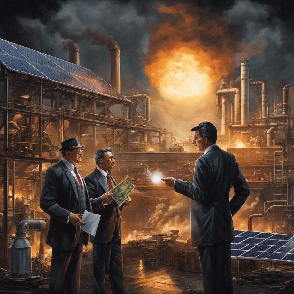 An image depicting a dark, smoky factory emitting pollutants, overshadowing a small, pristine solar panel