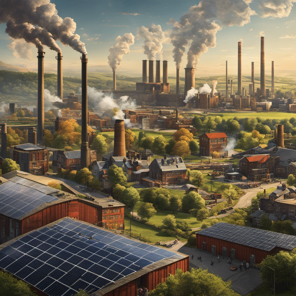An image featuring two contrasting scenes: one showcasing an bustling industrial city powered by fossil fuels, with smokestacks emitting smoke and numerous job opportunities, while the other depicts a serene countryside with solar panels, representing the potential for sustainable job creation and economic growth
