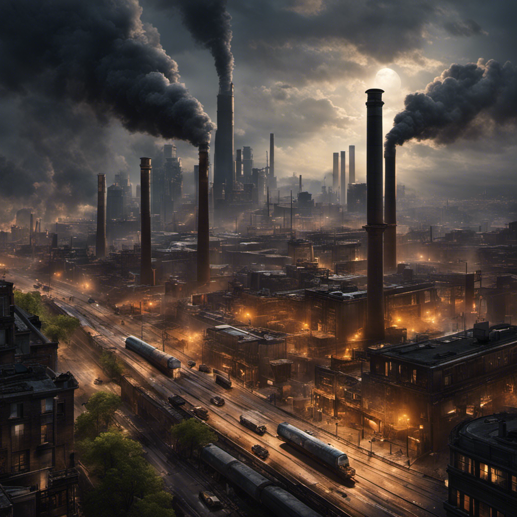 An image depicting a bustling city skyline dominated by smokestacks and vehicles emitting dark clouds, while a solitary solar panel stands unnoticed amidst the concrete jungle
