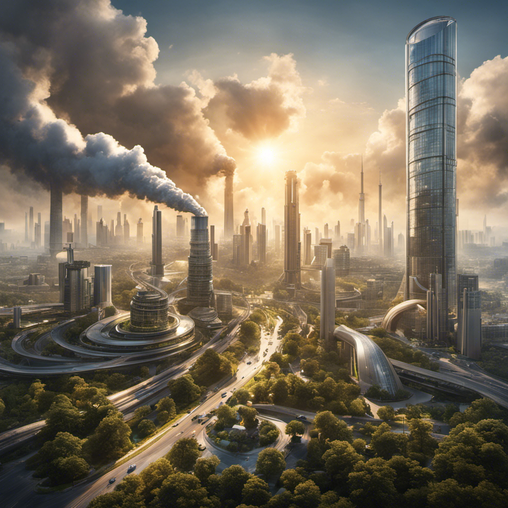 An image showcasing a bustling cityscape with skyscrapers powered by smoke-spewing fossil fuel plants, juxtaposed against a quiet, serene countryside with sleek solar panels harnessing the sun's renewable energy