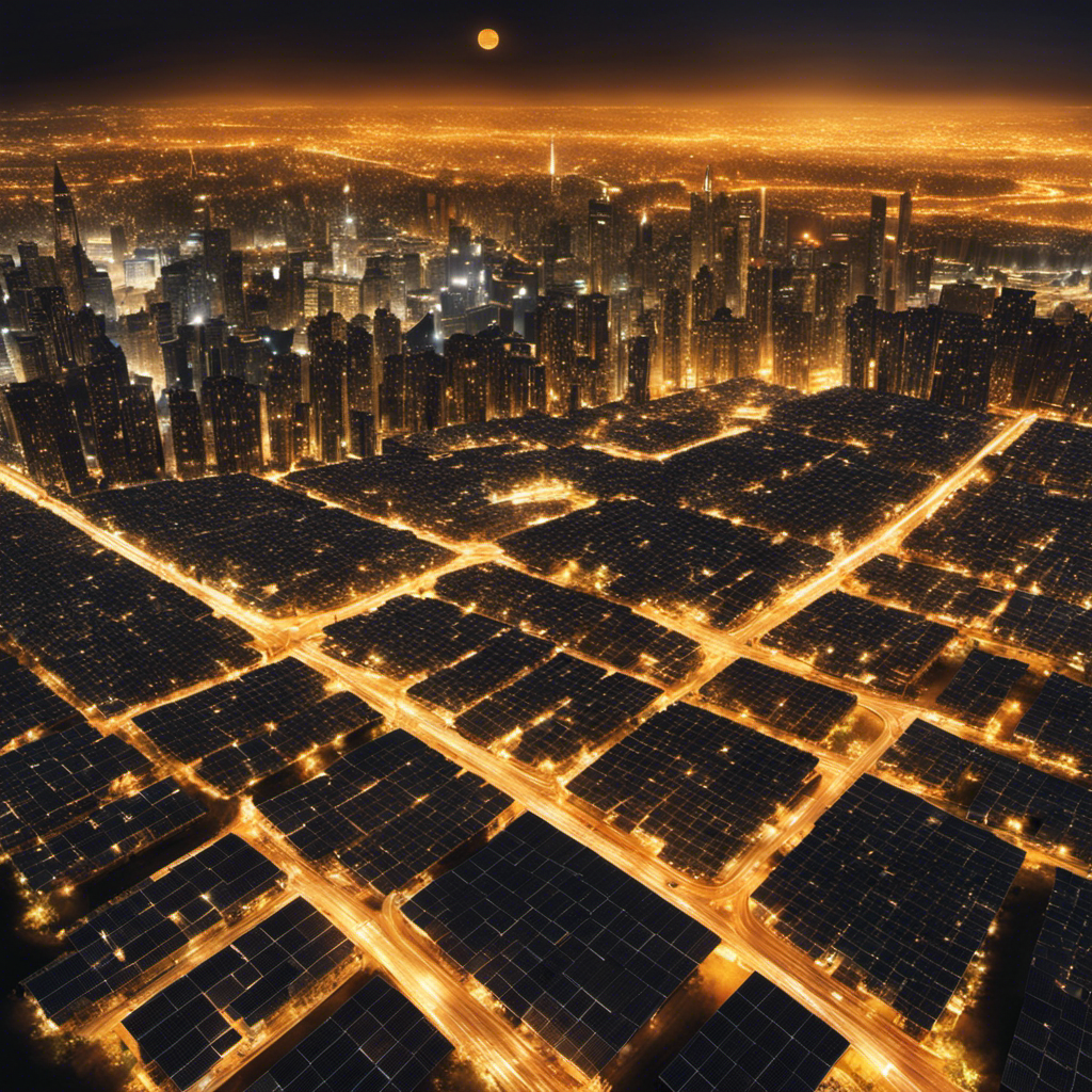 An image contrasting energy density by depicting a vast, crowded city illuminated by countless fossil fuel-powered lights, juxtaposed against a small field of solar panels producing a fraction of the energy