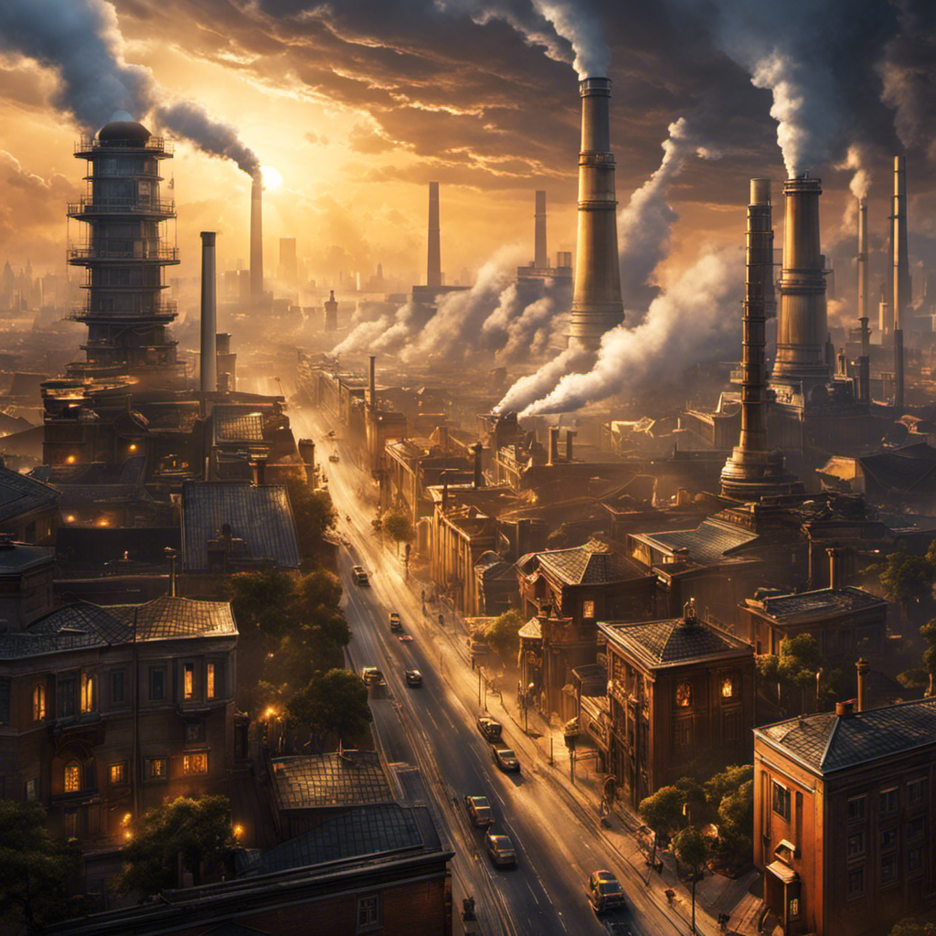 An image depicting a bustling city skyline dominated by traditional power plants emitting thick plumes of dark smoke, while a single house stands apart, adorned with sleek solar panels and basking in golden sunlight