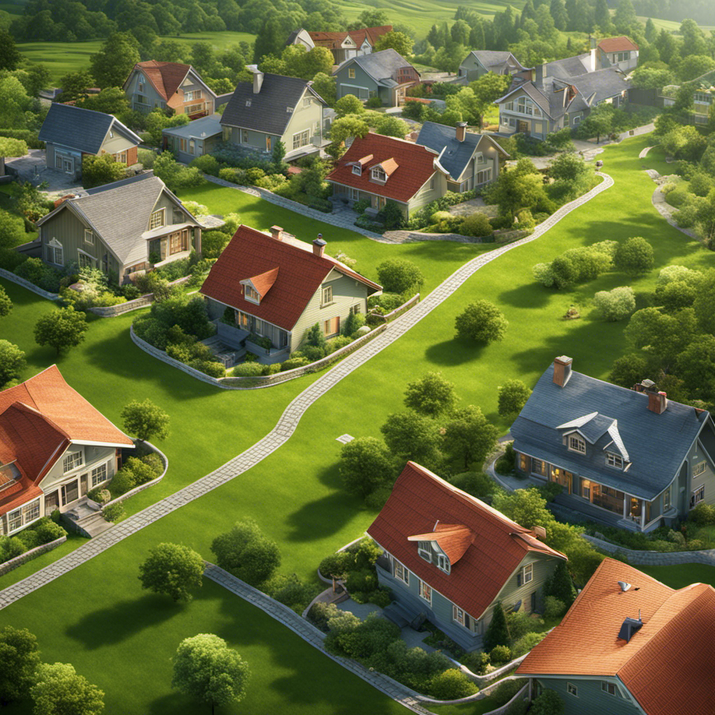 An image depicting a suburban neighborhood with traditional houses surrounded by lush green lawns, while a modern geothermal power plant stands nearby, symbolizing the contrast between familiar energy sources and the untapped potential of geothermal energy
