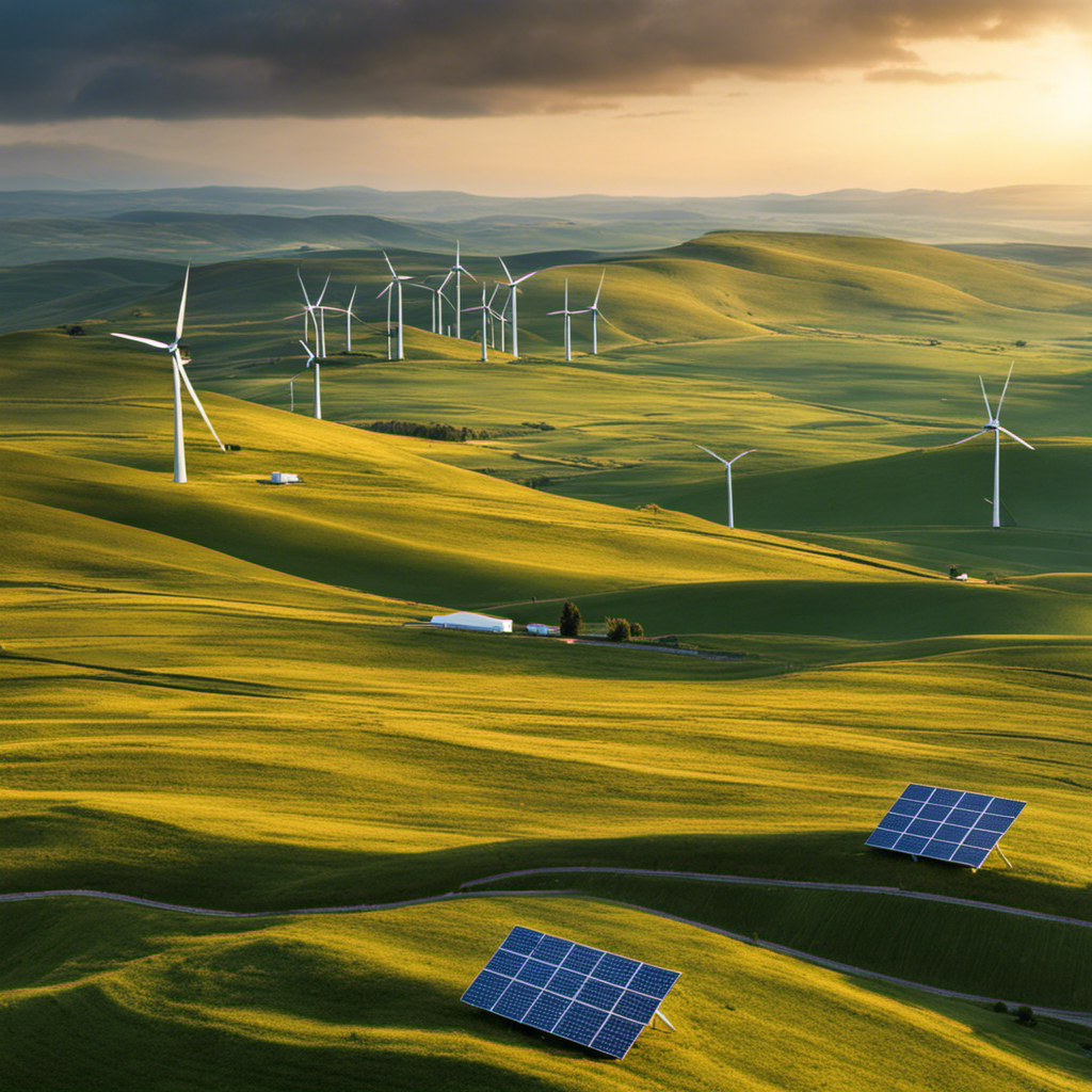An image that showcases a vast landscape with solar panels and wind turbines scattered across it, highlighting the harmonious coexistence of nature and clean energy, symbolizing the scientists' quest for sustainable and renewable energy sources