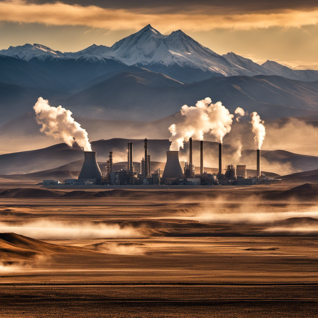 An image that depicts a vast landscape with towering mountains and a barren desert, contrasting against a lone geothermal power plant emitting steam