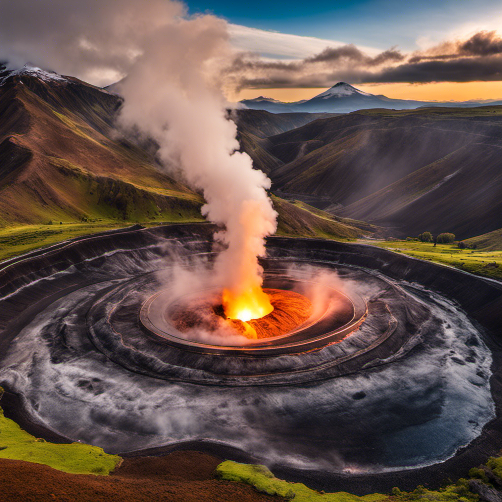 An image showcasing a vast landscape with a geothermal power plant nestled amidst volcanic mountains, demonstrating the symbiotic relationship between geothermal energy and volcanic activity