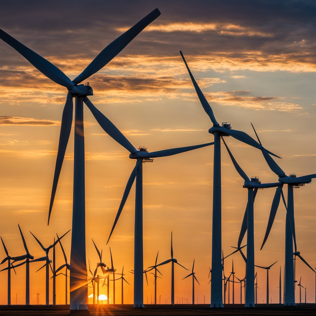 An image showcasing a vast wind farm set against a backdrop of radiant sunlight