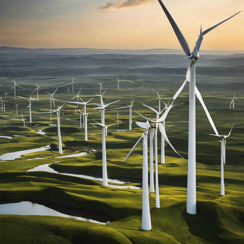 An image depicting a vast landscape with discarded wind turbine blades scattered across it, contrasting against a backdrop of pristine nature