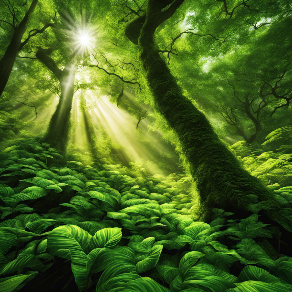 An image depicting a lush forest with sunlight filtering through the dense canopy, showcasing the intricate network of leaves and their chlorophyll-rich cells, symbolizing how green plants rely on solar energy for their adaptation and survival