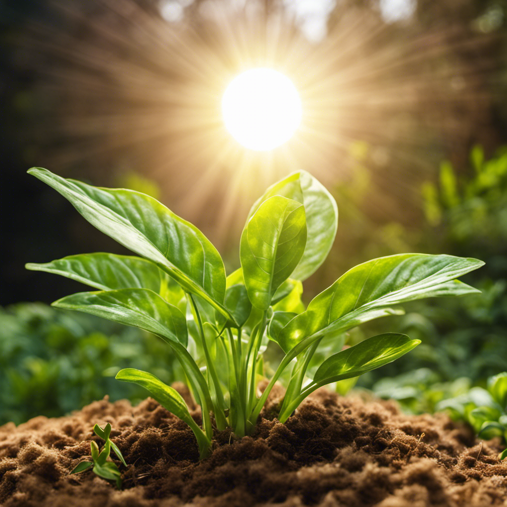 An image showcasing a lush, thriving green plant basking in the warm, golden rays of the sun, illustrating the vital link between solar energy and the growth, photosynthesis, and overall well-being of green plants