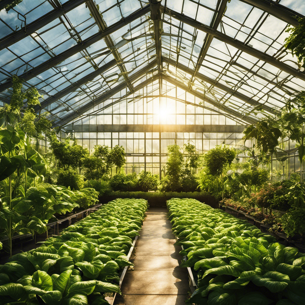 An image depicting a lush greenhouse filled with thriving green plants, basking under a radiant sun