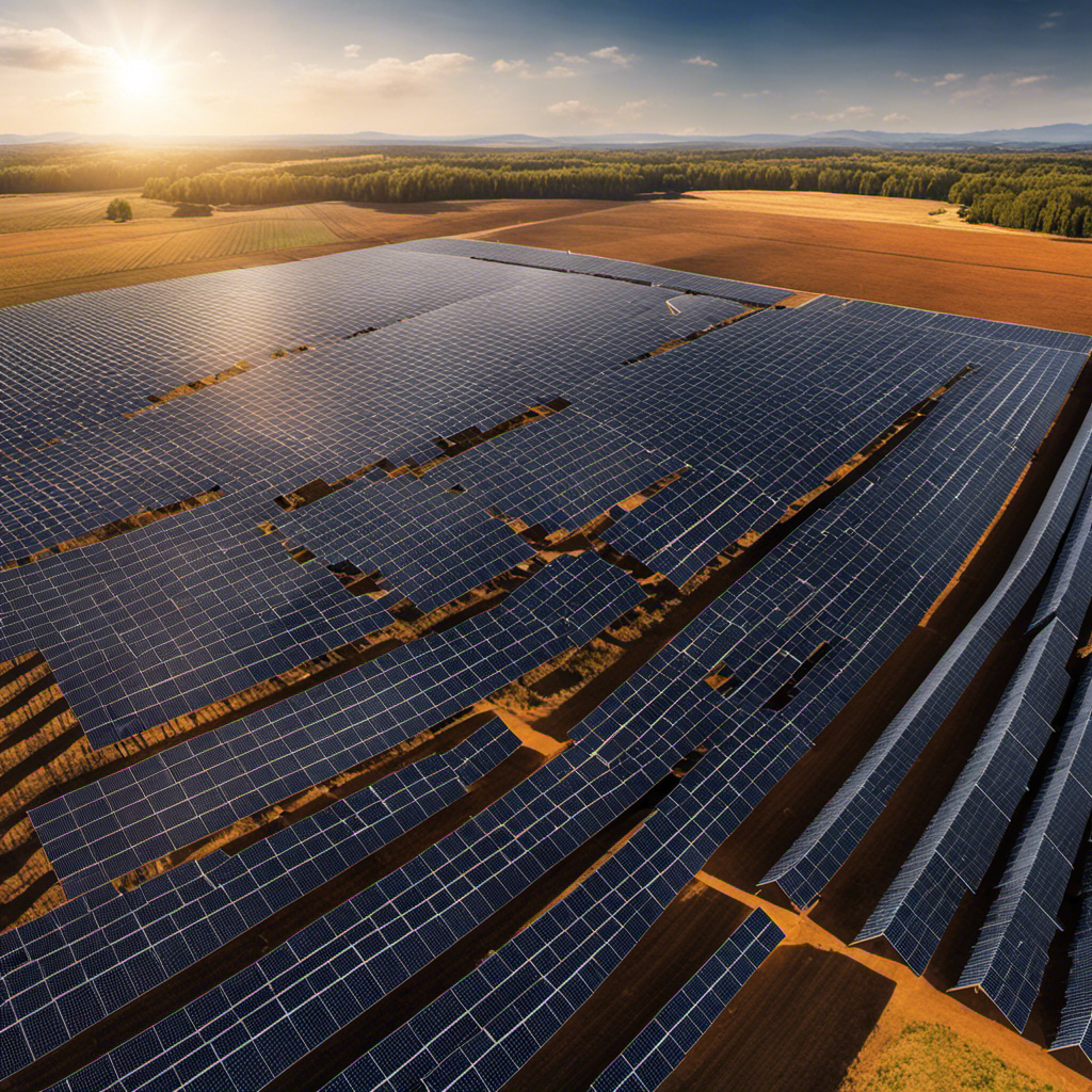 An image depicting a vast solar farm, with rows of solar panels stretching towards the horizon under a clear blue sky