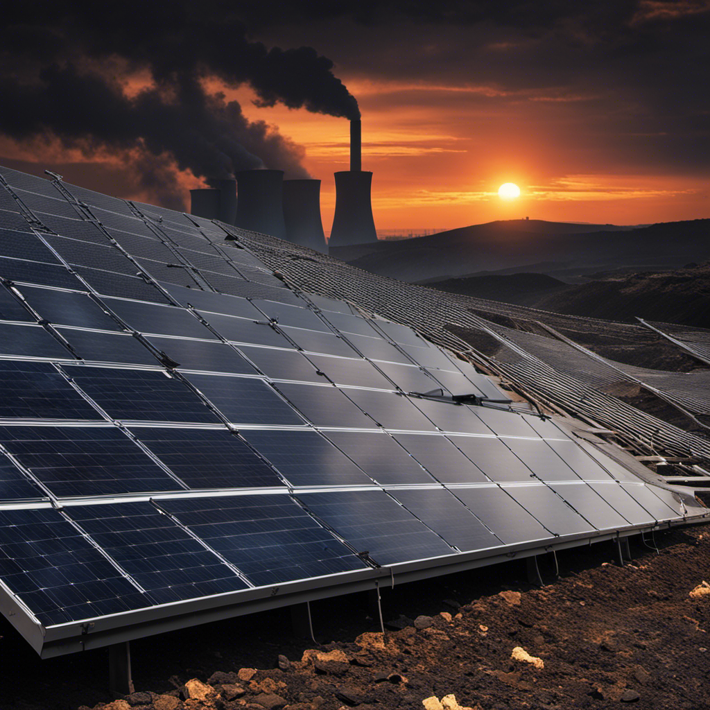 An image featuring a vibrant solar panel installation against a backdrop of a dark, smoky coal plant, symbolizing the stark contrast in net-energy ratio