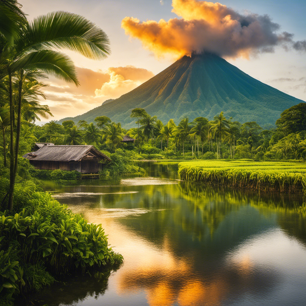 An image depicting the stunning landscape of the Philippines, showcasing towering volcanoes with billowing steam and a network of geothermal power plants nestled amidst lush greenery, highlighting the country's reliance on geothermal energy