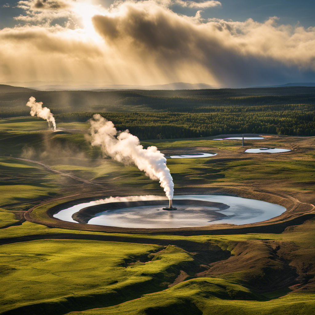 An image showcasing a vast expanse of untapped geothermal potential in the United States, with technologically advanced geothermal power plants absent, juxtaposing the contrasting reality of the country's underutilization of this clean and renewable energy source