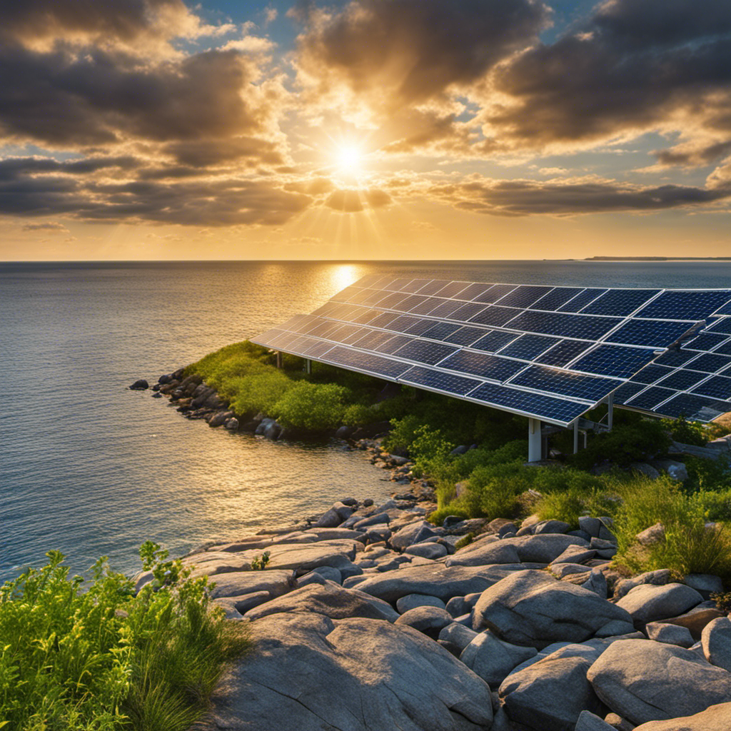 An image of a serene Rhode Island coastline, with vibrant green solar panels dotting the landscape