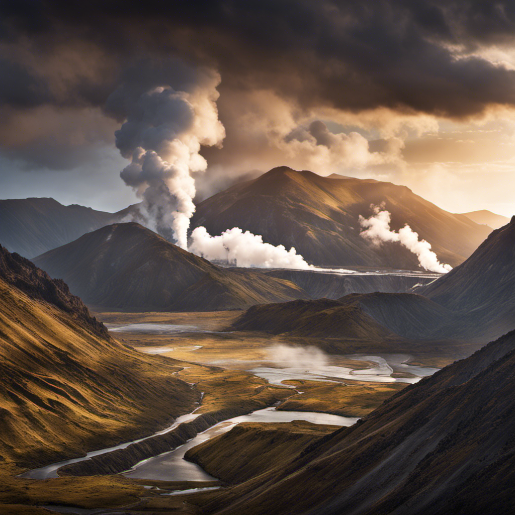 An image that showcases a vast, rugged landscape with steam rising from a cluster of geothermal power plants nestled amidst volcanic mountains, highlighting the connection between geothermal energy and the Earth's unique geological features