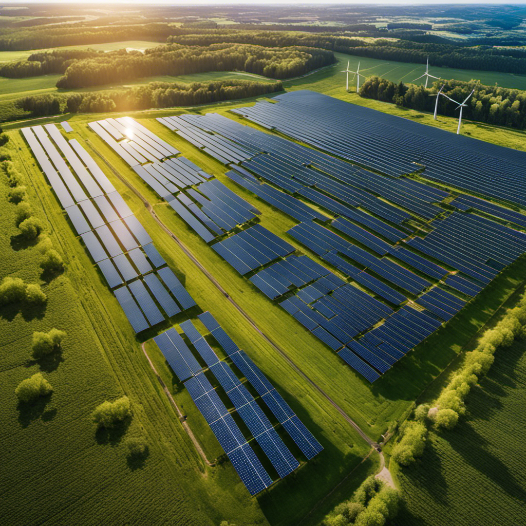 An image showcasing a vast German solar farm with rows of meticulously aligned solar panels glistening under the brilliant sun, surrounded by a lush green landscape and wind turbines in the backdrop