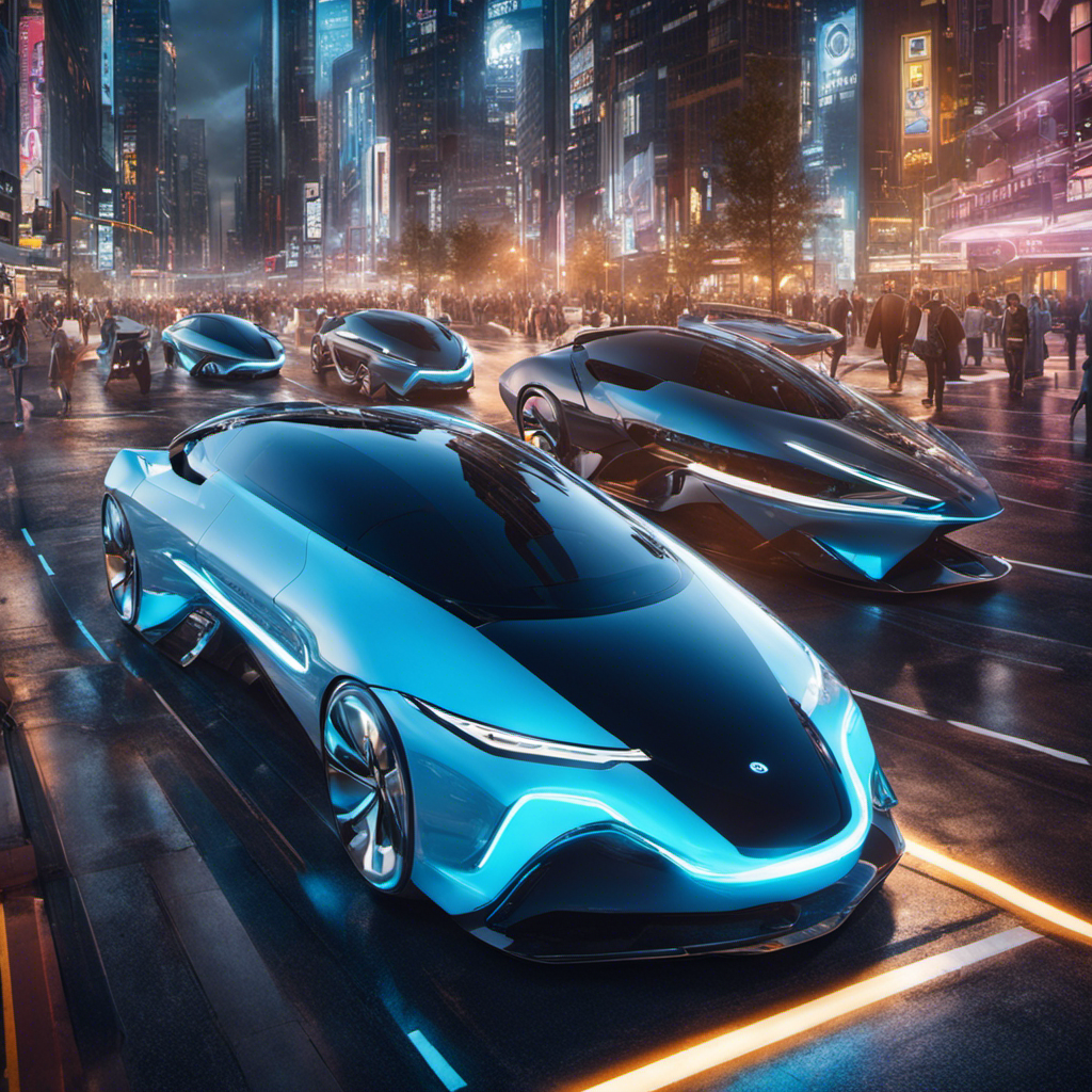 An image showcasing a bustling cityscape with hydrogen-powered vehicles seamlessly gliding across the streets