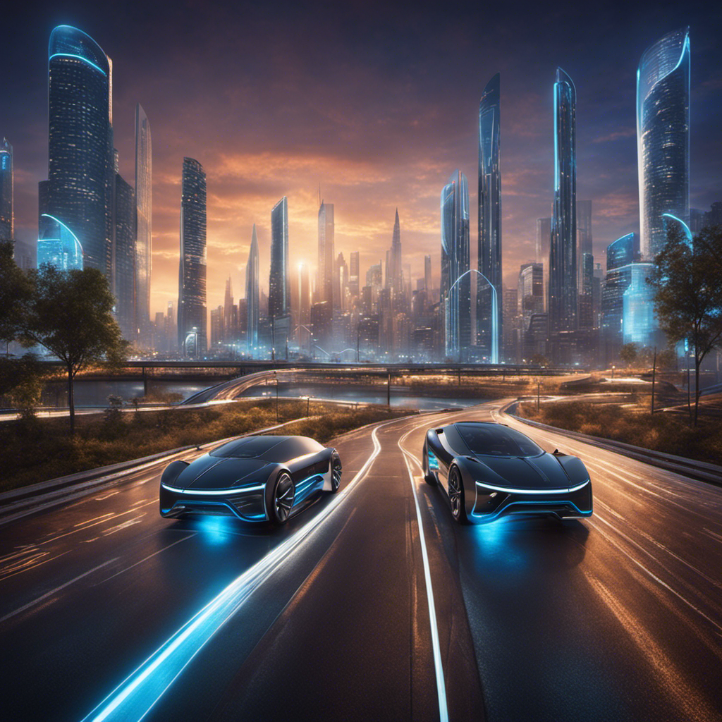 An image showcasing a futuristic cityscape with hydrogen fuel cell-powered vehicles seamlessly gliding along illuminated roads